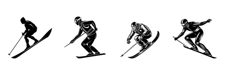 Winter sport vector illustration of skiers and snowboarders in action, with one jumping, all in dynamic black silhouettes Set