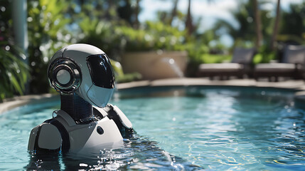 Robot Relaxing in a Swimming Pool Amidst Lush Greenery
