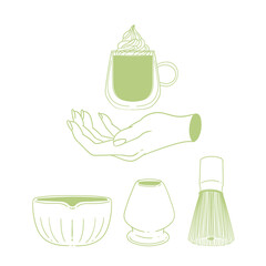 Matcha tea illustration set. Original hand-drawn green tea illustrations of matcha and green tea preparation utensils for posters, cards, cafe menus, and graphic design.