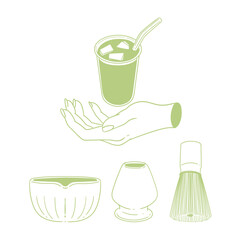 Matcha tea illustration set. Original hand-drawn green tea illustrations of matcha and green tea preparation utensils for posters, cards, cafe menus, and graphic design.