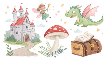 Enchanted Fairytale Illustration Castle, Dragon, Fairy, Mushroom, and Treasure Chest