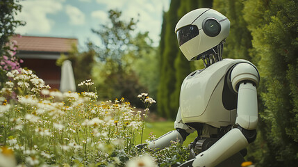 Robot Amidst a Garden of Wildflowers, Embracing Nature