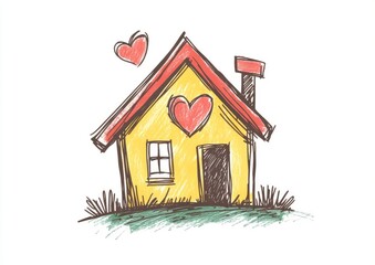 Simple sketch of a yellow house with hearts