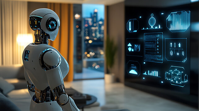 Robot Analyzing Data on a Screen in a Modern Living Room