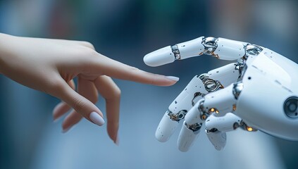 Close-up of a human hand and robot hand, touching
