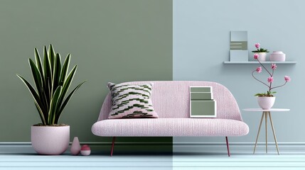 Modern Minimalist Living Room Interior with Pink Sofa and Sage Green Walls
