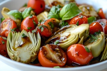 Fresh artichoke and tomato salad with basil and balsamic glaze