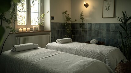 Serene spa room with two massage beds, plants, and candles