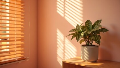 Prayer Plant in White Pot with Window Blinds Light in Warm Room.