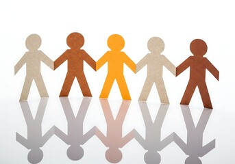 Paper cutout figures holding hands in a row with reflection