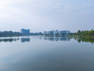 aerial view of urban scenery in the suburbs, with beautiful lake garden, Shanghai.