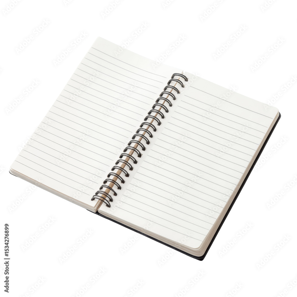 Poster open spiral notebook with blank pages on a white background for note-taking and creative writing tra
