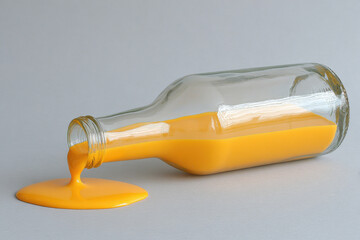 Fototapeta premium minimalist of shattered bottle spilling ultrabright paint forming puddle on clean light gray background