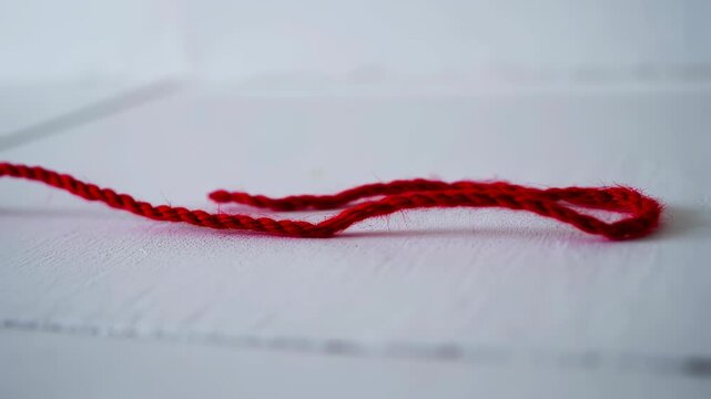 Closeup sequence of red yarn unraveling on a white surface in macro shot