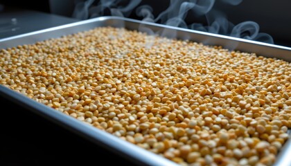 Golden Popcorn on a Tray: A close-up shot unveils a metal tray generously filled with fresh popcorn, its warm hue radiating with a savory delight. The aroma of freshly popped popcorn fills the air.
