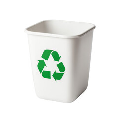 White Recycling Bin with Green Recycle Symbol for Eco-Friendly Waste Disposal and Environmental Awareness Transparent background or png