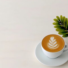 White Cup of Latte Art Coffee on Beige Table