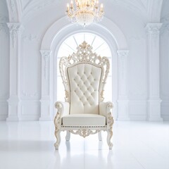 Ornate white and gold throne chair in a bright white room with a chandelier and arched window behind
