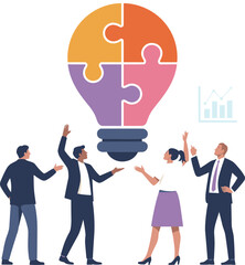 Creative business team brainstorming under light bulb puzzle, teamwork collaboration concept, innovative ideas, professional solution planning, growth strategy concept