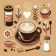 Obraz premium Artistic coffee cup with latte art in a warm colors theme surrounded by dessert and botanical elements