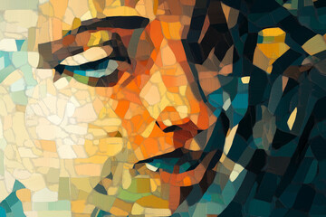 Abstract mosaic of a serene woman's face in warm tones, evoking calm, depth, and inner peace.