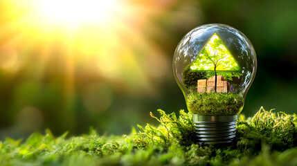 A light bulb containing a miniature tree and house, placed on moss with a sunlit background, symbolizing sustainable energy.