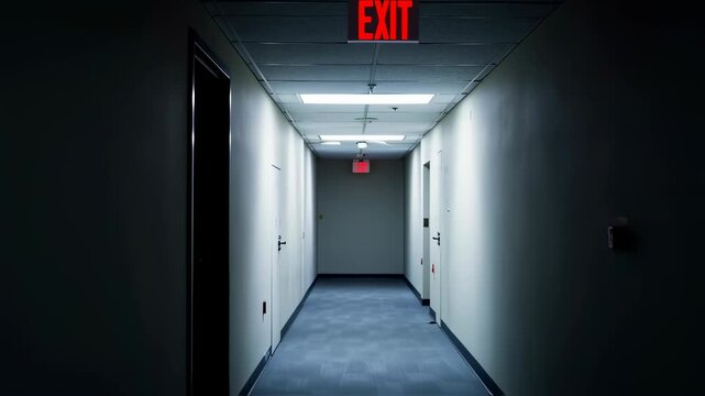 Dimly lit corridor with red exit sign showing growing illumination