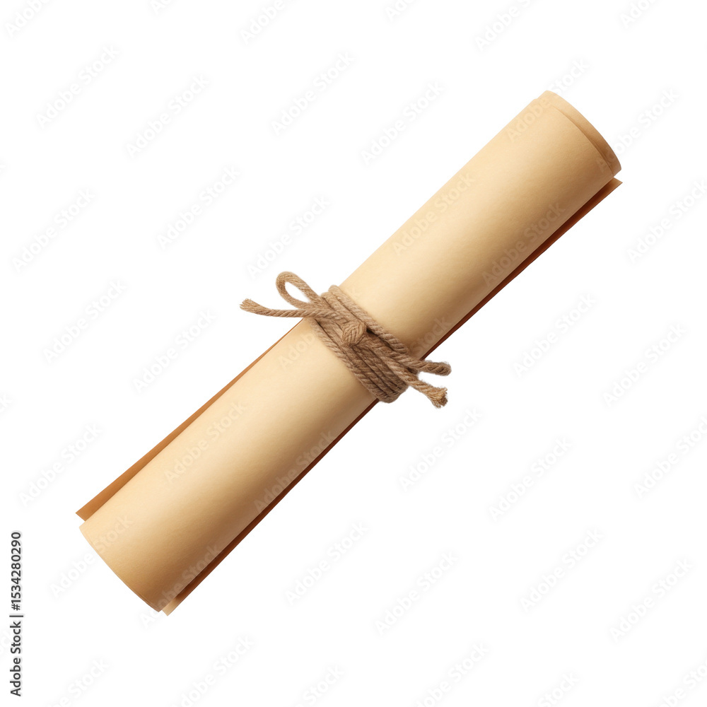 Poster vintage scroll wrapped with twine on isolated background for vintage style invitations and documents