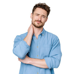 Obraz premium Man with Neck Pain Rubbing His Neck - Isolated on White Background
