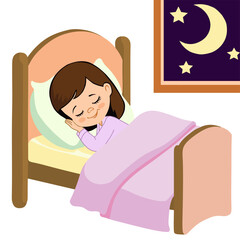A cute vector illustration of a young girl sleeping peacefully in her bed at night.