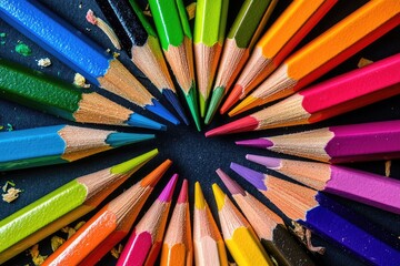 Colorful pencils arranged in a circle on a dark surface