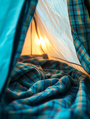 A warm and inviting interior of a glamping tent set in nature. Perfect scene for camping lovers, eco tourism, or travel inspiration.