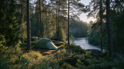 A serene green tent pitched on a scenic riverbank in a pine forest. The golden evening light filters through the trees, creating a tranquil outdoor atmosphere perfect for wilderness camping, nature tr