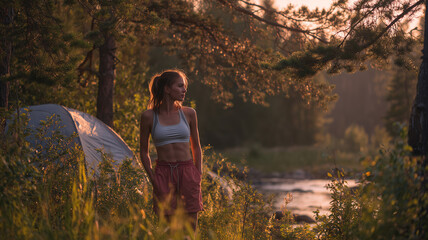 Tourist girl at a tent in a pine forest, river, golden hour, summer outdoor recreation
