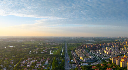 aerial view of urban scenery in the suburbs at sunset, Shanghai.