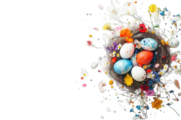 Colorful Easter eggs in a nest, surrounded by flowers and blossoms