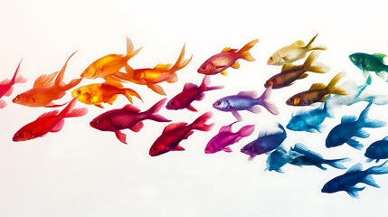 A school of colorful fish swimming in a gradient from warm to cool colors against a white background.