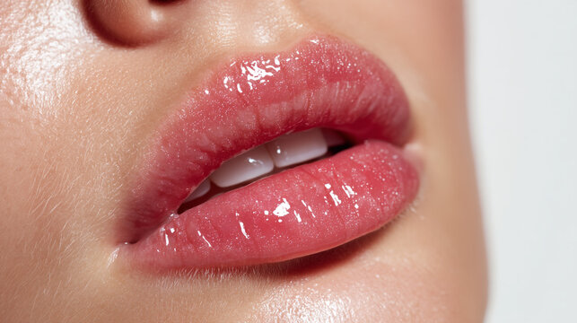 Close up of a woman's face showing her lips with glossy pink lip gloss and white teeth visible - Powered by Adobe