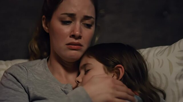 A young stepmother holds her sleeping stepdaughter, the night lights are dim.