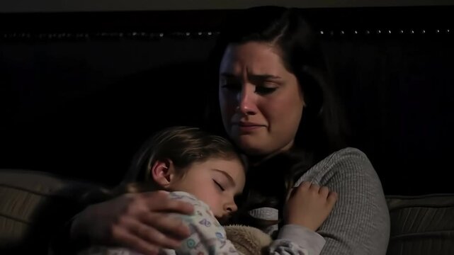 A young stepmother holds her sleeping stepdaughter, the night lights are dim.