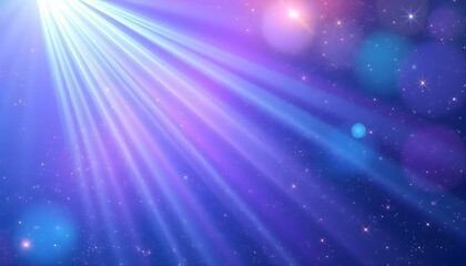 Fototapeta premium Radiant light beams illuminate a cosmic backdrop of bokeh and stars.
