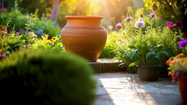 Ceramic terracotta pot situated amidst vibrant flowering plants in a serene garden bathed in warm sunlight, creating a tranquil scene.