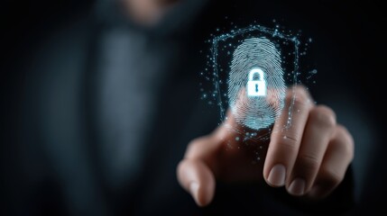 Close up of hand and finger interacting with glowing holographic fingerprint scanner, shield and lock icons, concept of biometric security, cyber security and data protection

