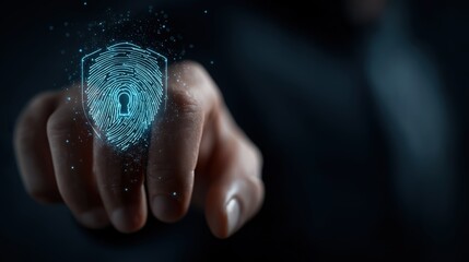 Close up of hand and finger interacting with glowing holographic fingerprint scanner, shield and lock icons, concept of biometric security, cyber security and data protection

