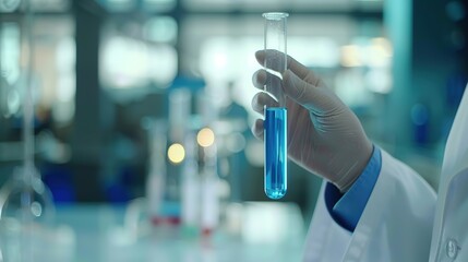 Doctor holding medical test tube with sample in laboratory, healthcare professional analyzing specimen for research or diagnosis, early disease detection and prevention concept.