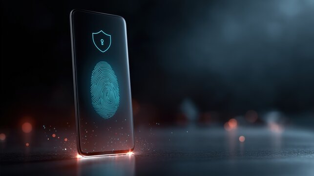 Smartphone with glowing holographic shield and lock with fingerprint scanner, concept of data protection, cyber security, information privacy, biometric password and digital security