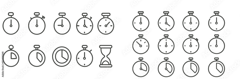 Poster various timer and stopwatch illustrations in a flat vector style showcasing different designs and sh
