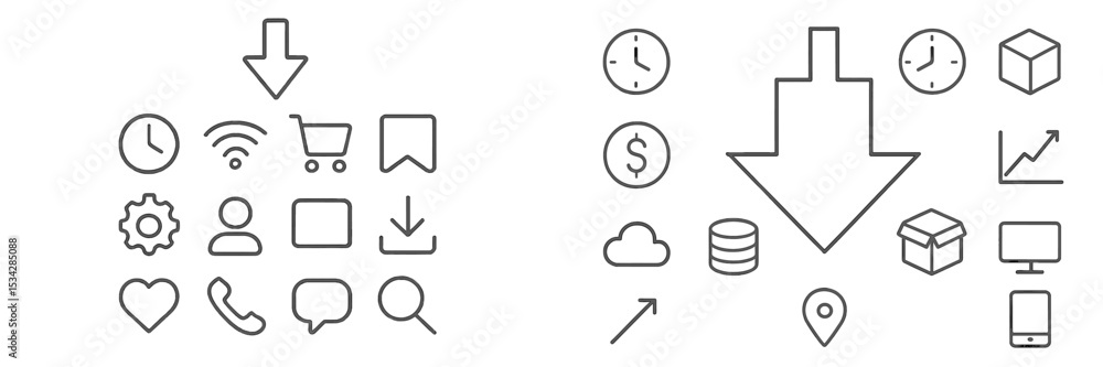 Poster collection of minimalist vector icons depicting various digital and technological elements in a clea
