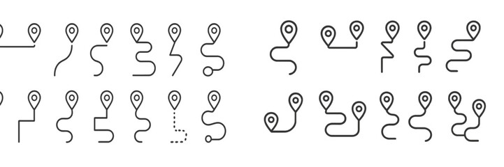Unique vector flat illustration of various route markers showcasing different navigation paths and designs for mapping applications
