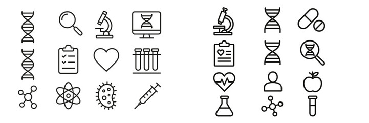 Collection of scientific and medical icons depicting research, health, and biotechnology activities